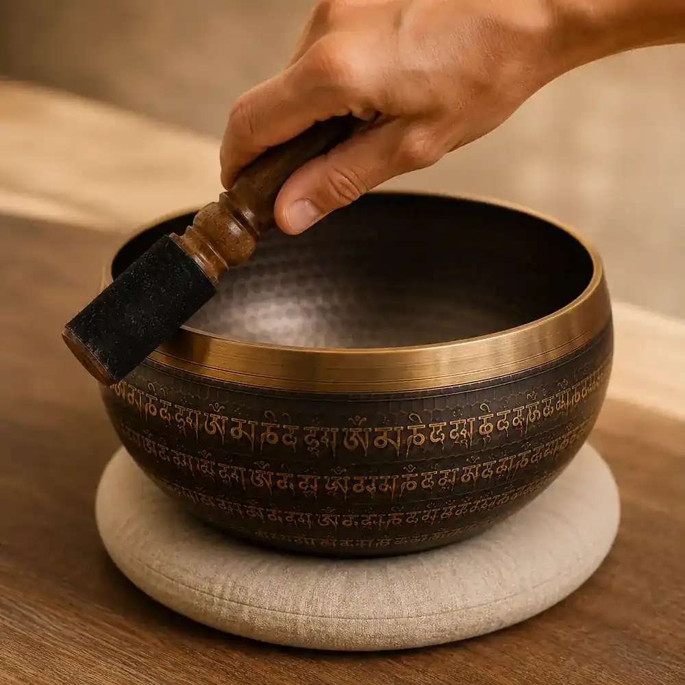 A hand pressing a leather-headed mallet against the outer rim of a Nadam singing bowl covered in gold engraved mantras, the bowl resting on its pale cushion on a wooden table