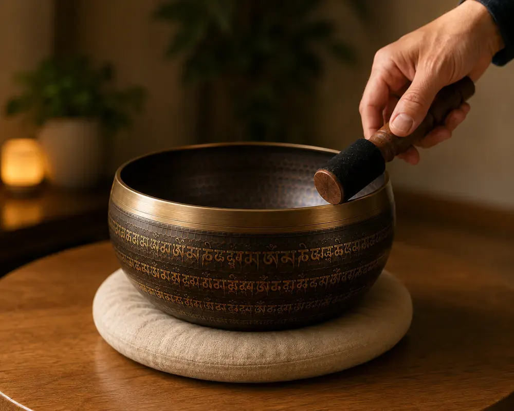 A hand tapping the outer rim of an engraved bronze singing bowl with the mallet, the bowl resting on its cushion