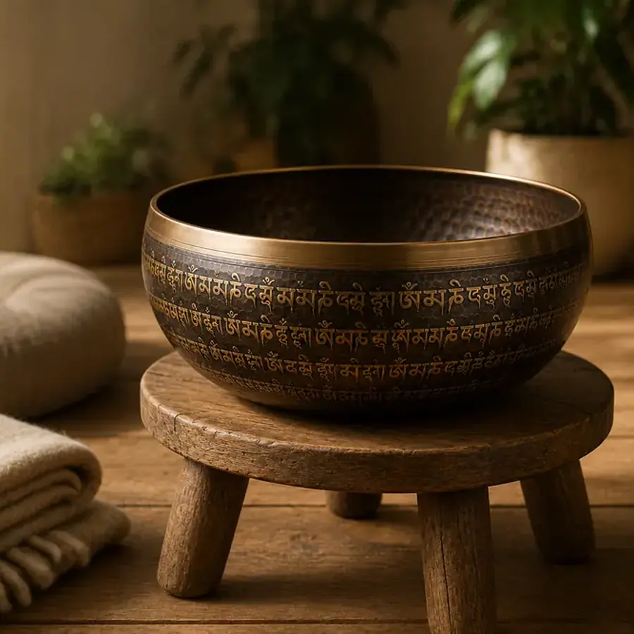 The bowl on a low wooden stool in a quiet meditation corner