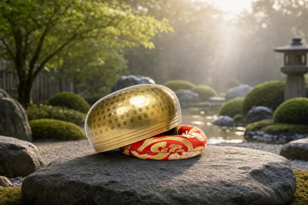 A hammered brass singing bowl resting on its cushion in a quiet garden setting