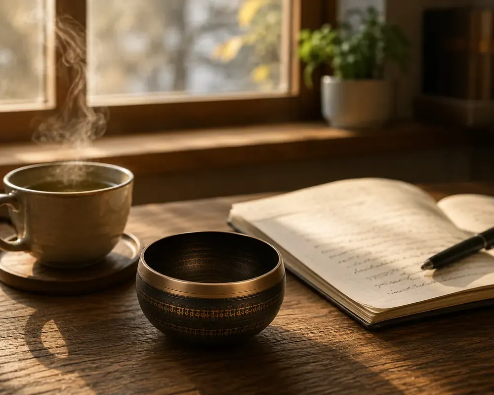 A small singing bowl on a desk beside a cup of tea and an open notebook by a window