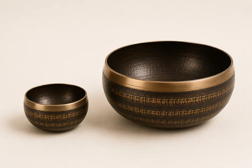 A small and a large Nadam singing bowl side by side on a plain background, showing how much diameter changes across the range