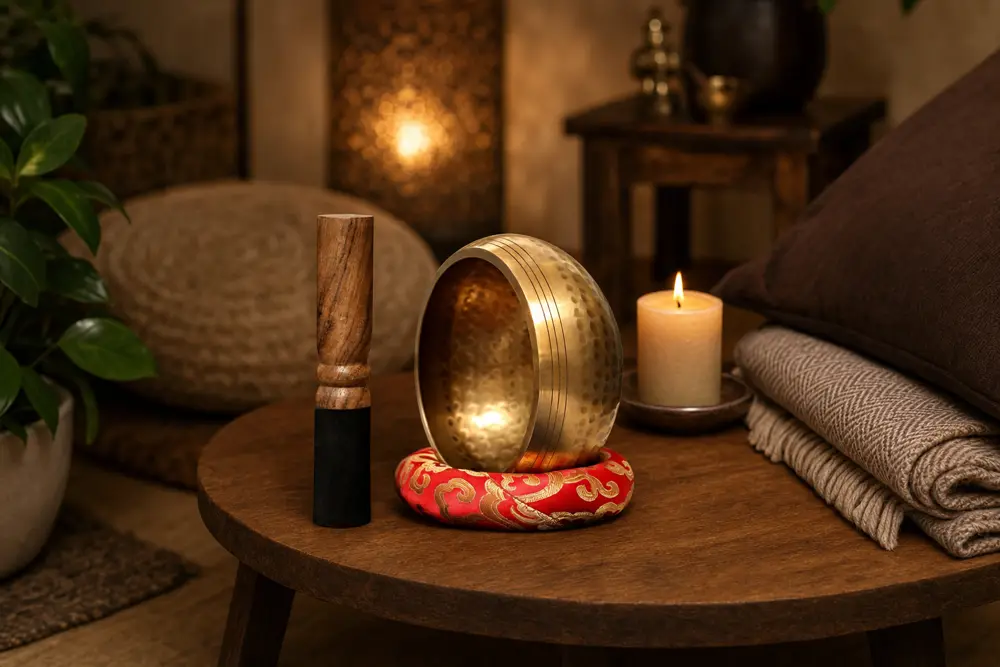 A quiet home sound bath corner with a brass singing bowl and a lit candle