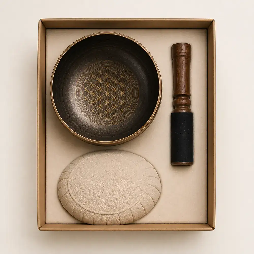 The three pieces of a Nadam set laid out in an open box: the engraved bowl, its cushion and the mallet