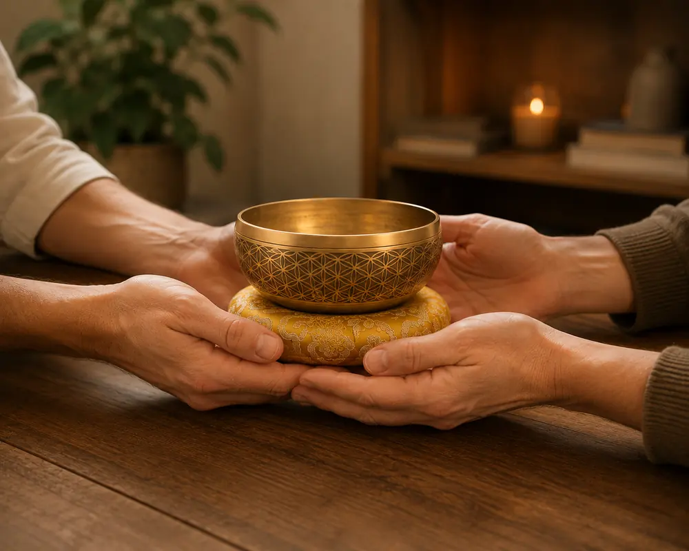 One pair of hands passing a singing bowl on its cushion to another pair of hands