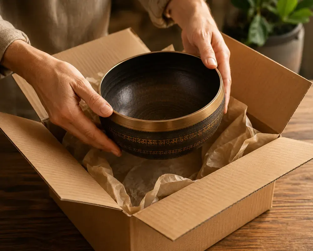 Two hands lifting an engraved bronze singing bowl out of its shipping box