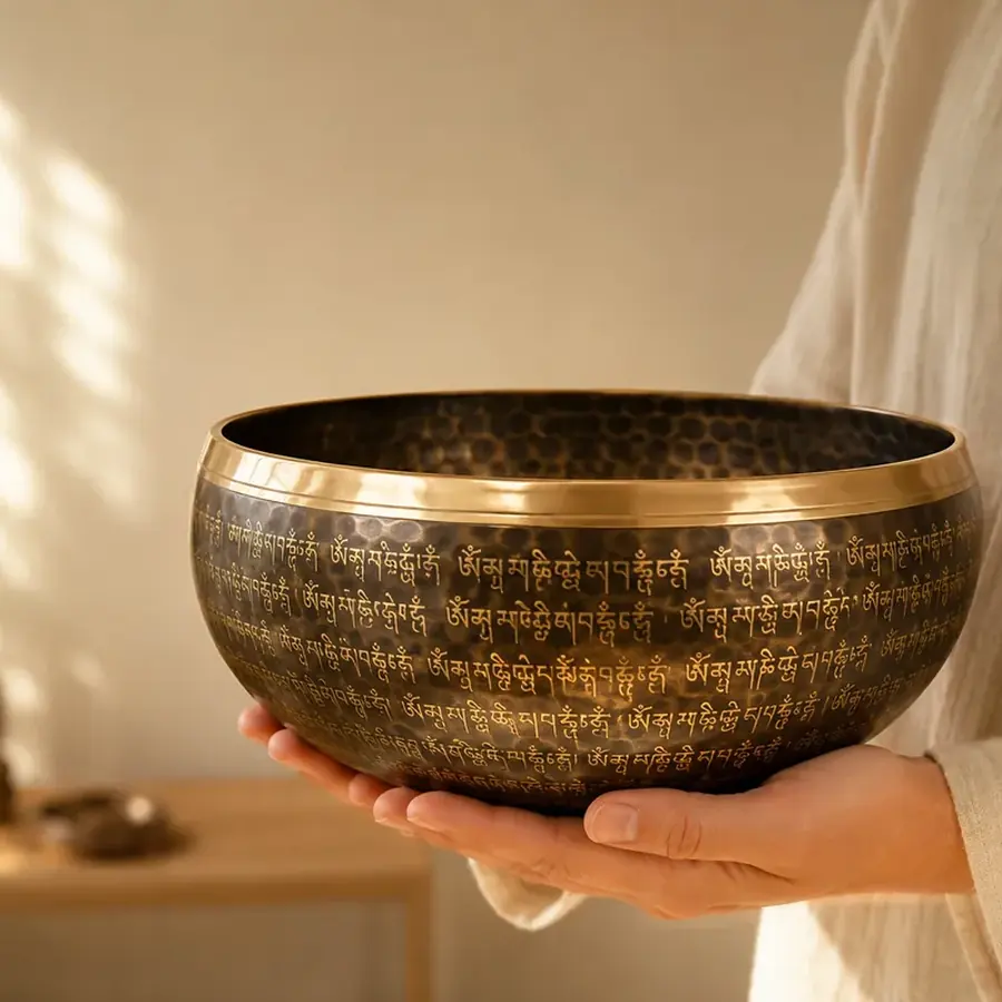 Dark hammered bronze Tibetan singing bowl with gold engraved mantras, held in two open hands in warm light