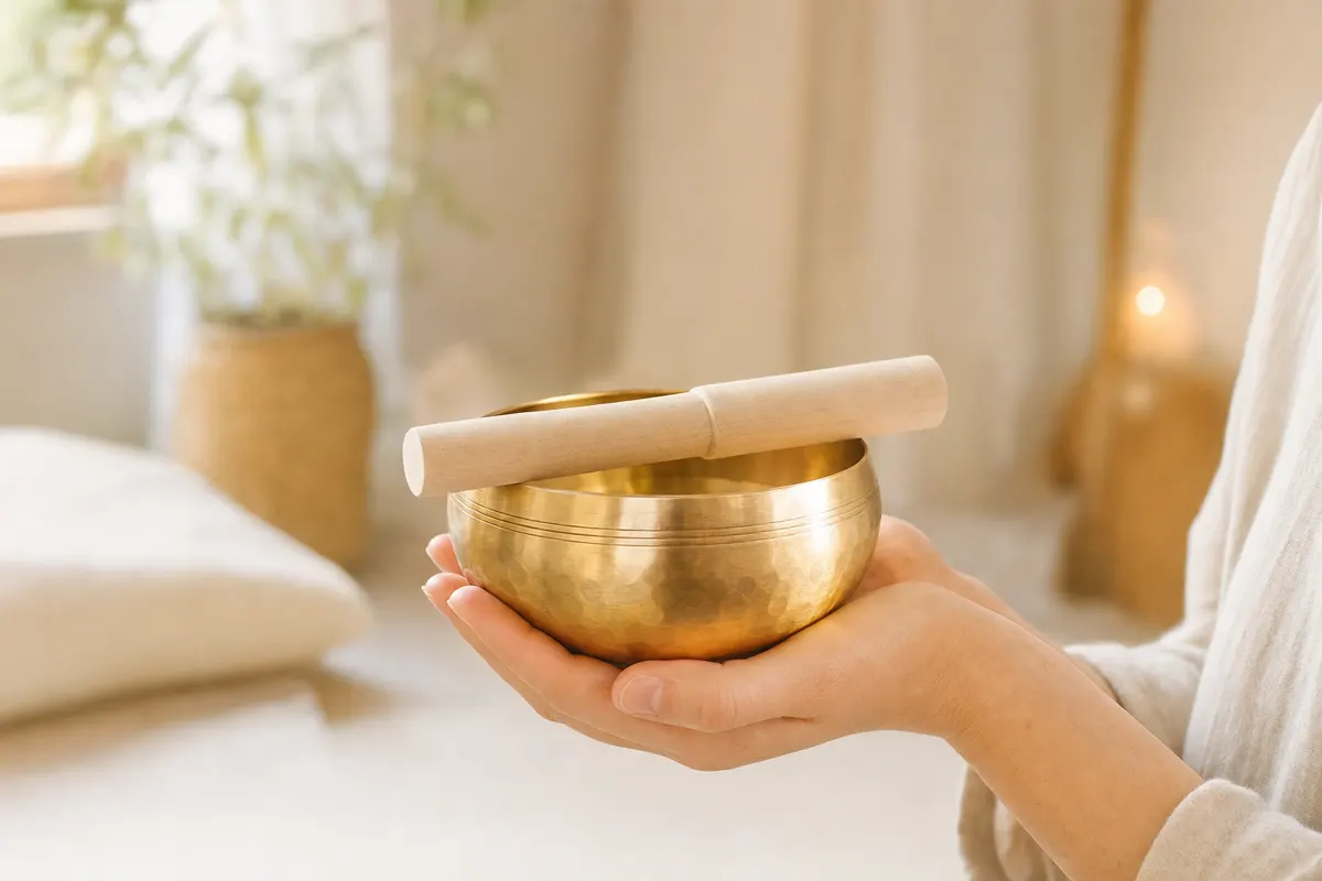 Two hands holding a hammered brass singing bowl in warm light
