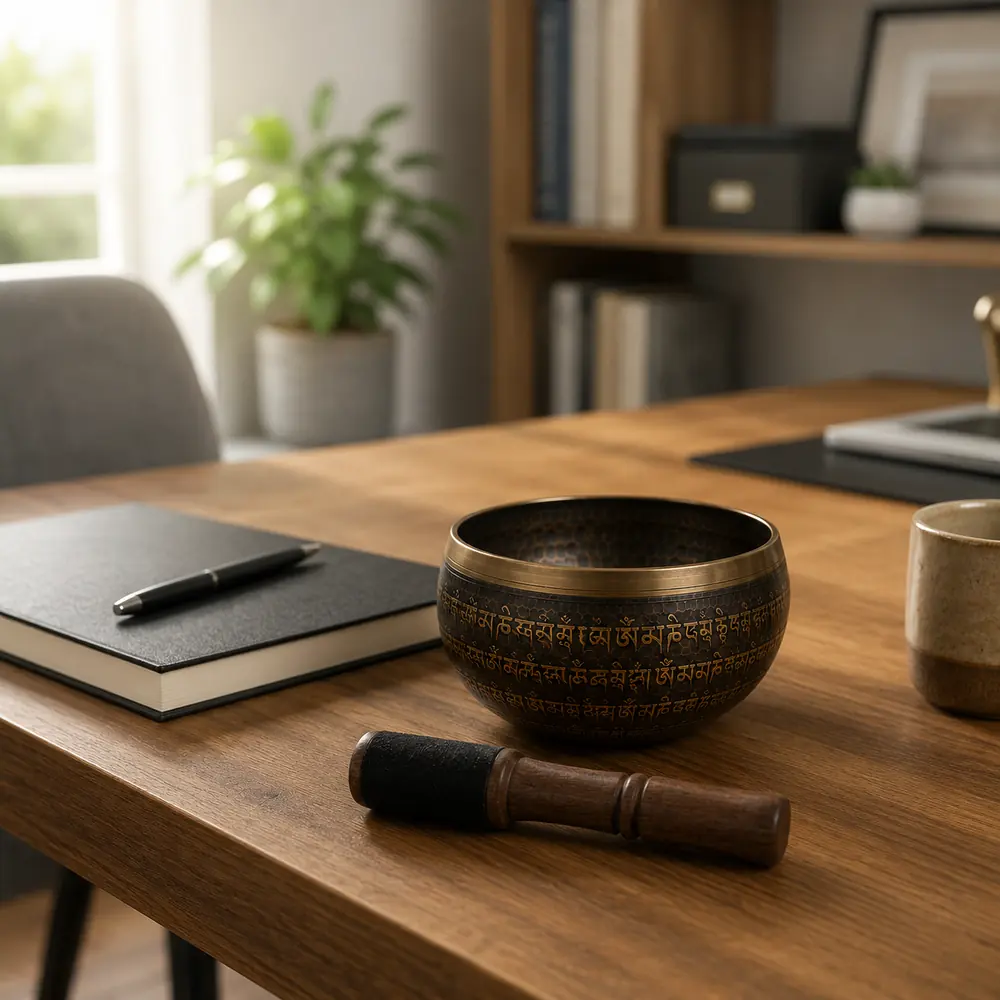 An engraved bronze singing bowl and its mallet beside a closed notebook on a home-office desk