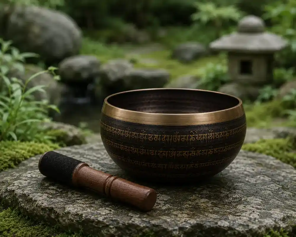 An engraved bronze singing bowl resting on a mossy stone in a quiet garden with its mallet alongside