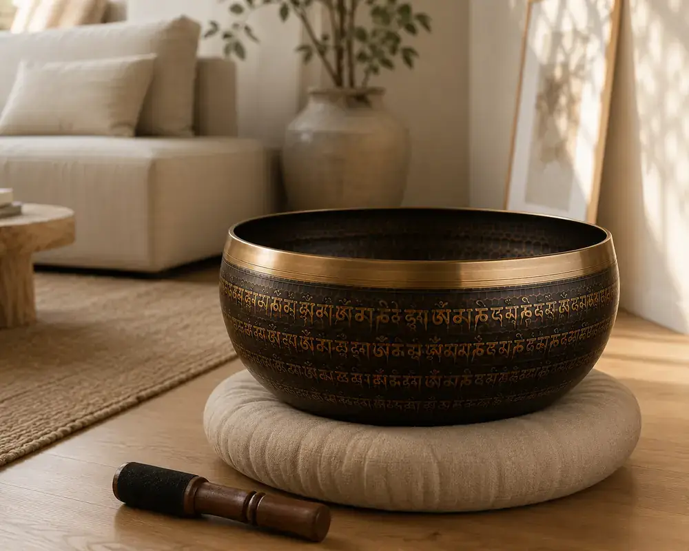 An engraved bronze singing bowl on its cushion in a calm living room, sofa and plants behind it