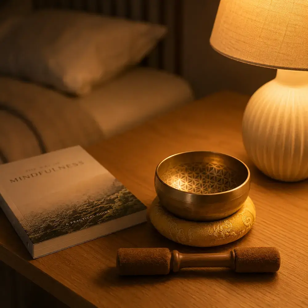 A small engraved singing bowl on its cushion beside a bedside lamp and a book on a nightstand