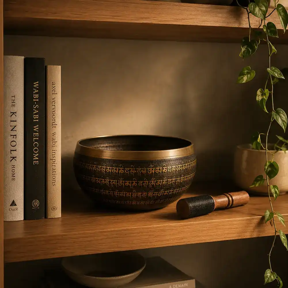 An engraved bronze singing bowl and its leather mallet on a wooden shelf beside a row of books