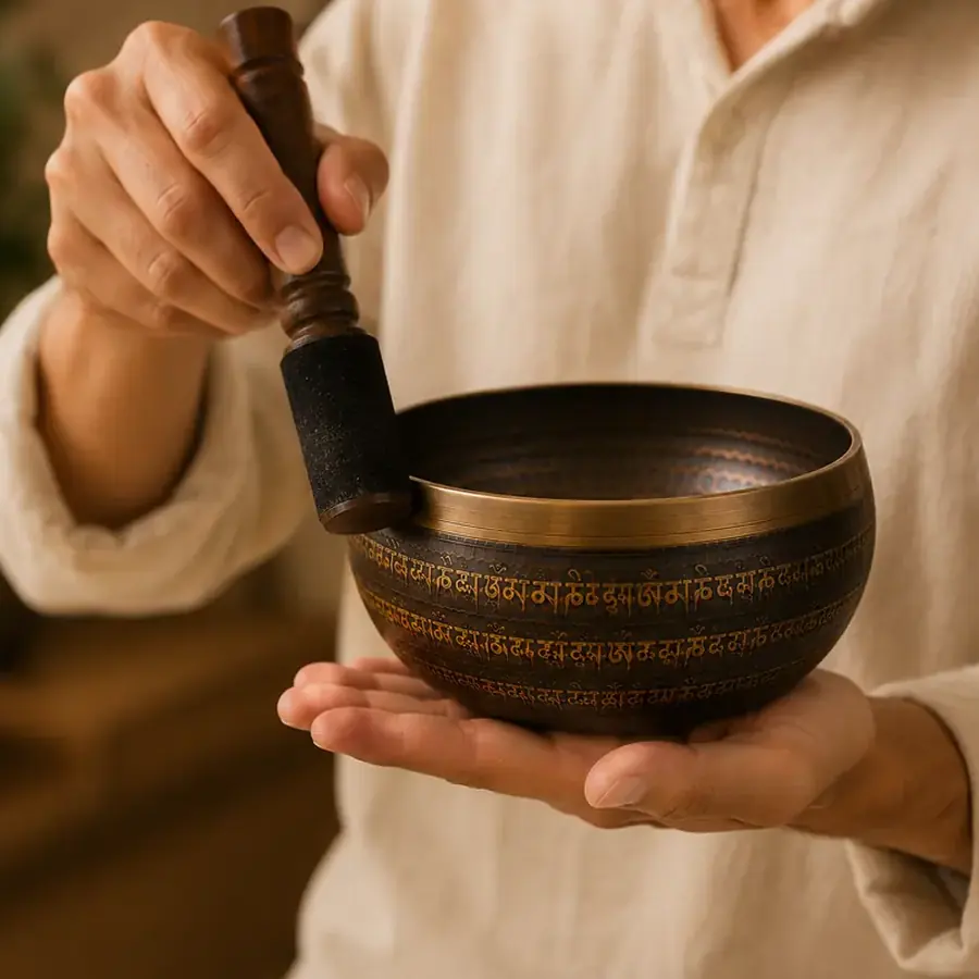 A hand circling the mallet around the rim to make the bowl sing
