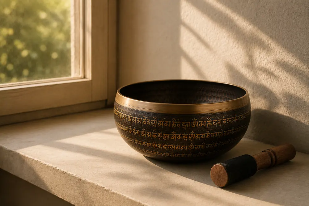 An engraved bronze singing bowl and its mallet on a sunlit windowsill in a quiet room