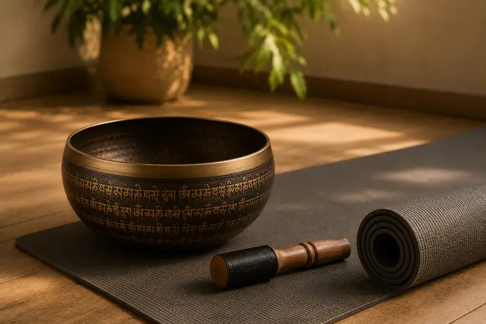 An engraved bronze singing bowl and its mallet beside a rolled yoga mat in warm daylight