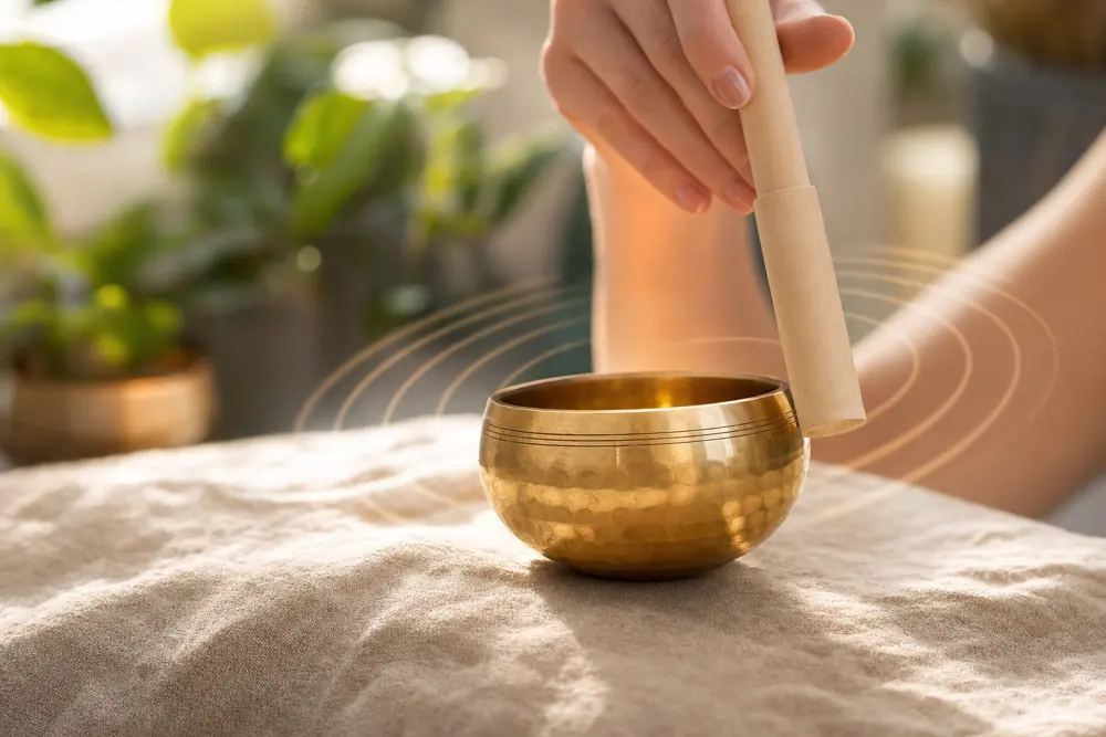 Hand guiding a mallet around the rim of a brass singing bowl