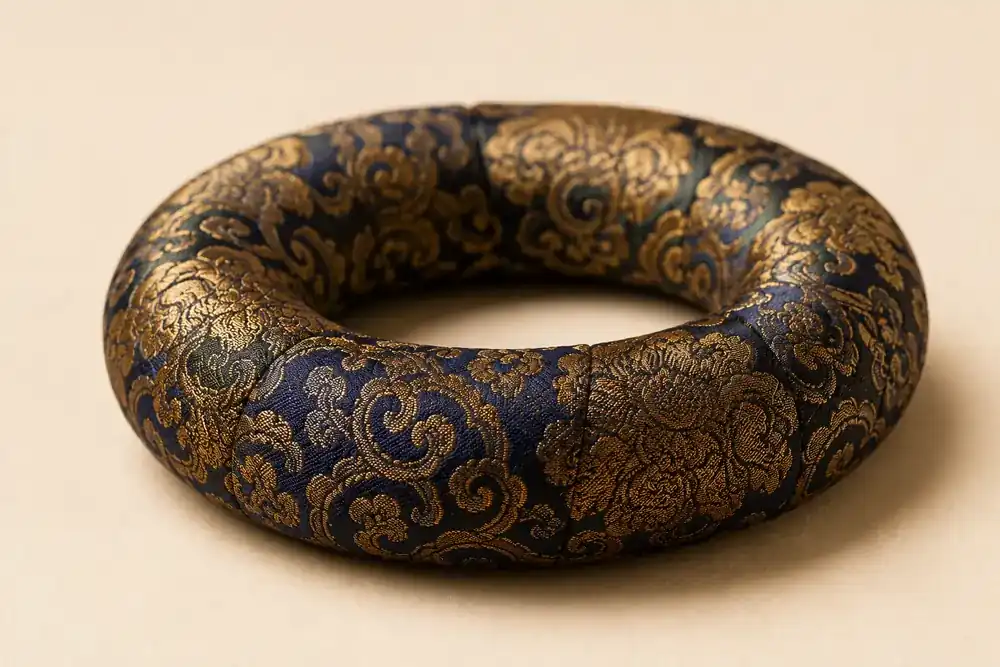 A navy and gold brocade singing bowl cushion photographed alone, showing the padded ring the bowl sits in