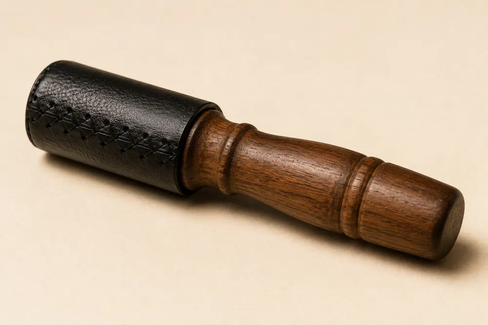 Close-up of a singing bowl mallet where the stitched black leather head meets the turned hardwood handle