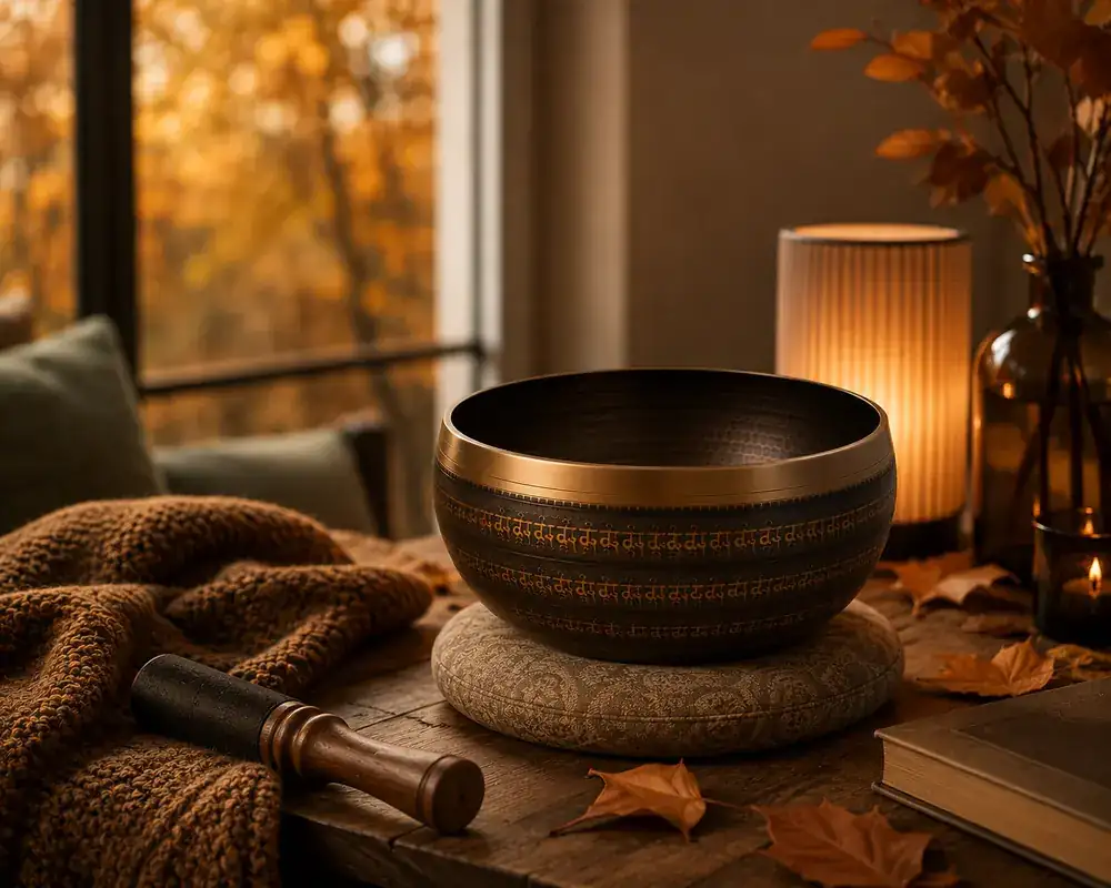 An engraved bronze singing bowl on its cushion by a window, autumn leaves and a warm lamp behind it