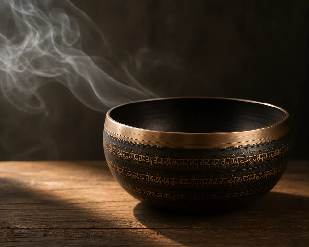 A dark engraved singing bowl on a wooden table with incense smoke drifting past its gold rim