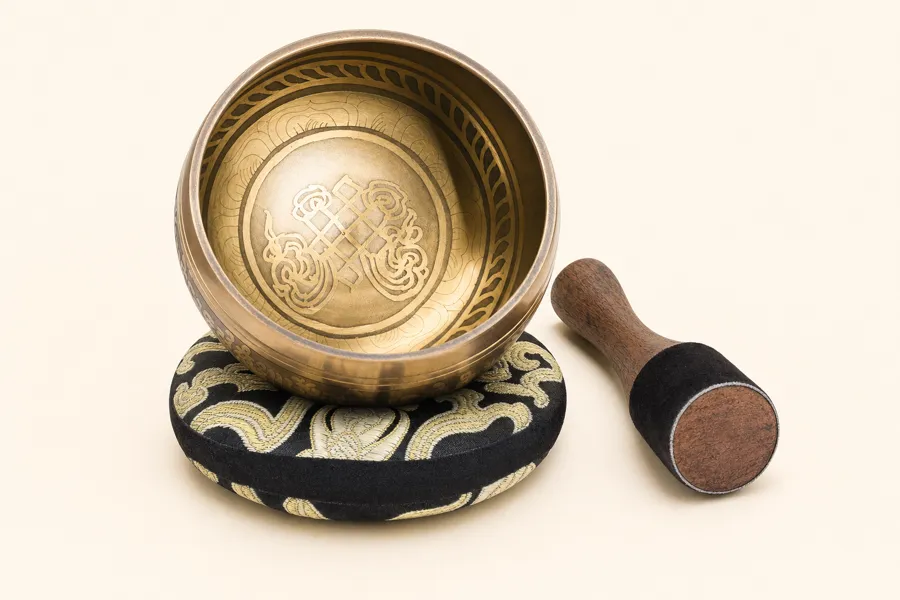 Complete Nadam singing bowl set: engraved brass bowl resting on its silk cushion with the dual-head mallet beside it