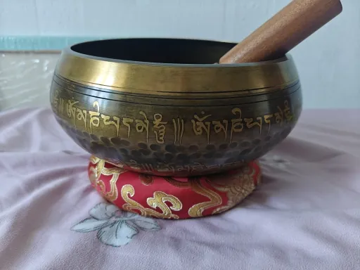 Verified buyer photo: dark engraved bronze singing bowl on a red and gold cushion with its wooden mallet inside