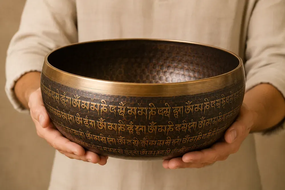 A wide engraved bronze singing bowl held in two open hands, showing how much of the palm the largest size covers