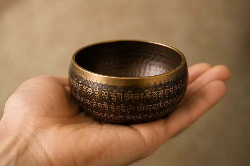 A small engraved bronze singing bowl resting flat on an open palm, fingers relaxed and away from the walls