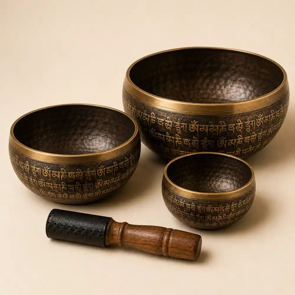 Three engraved bronze singing bowls of increasing diameter side by side with a leather mallet, showing the size difference across the range
