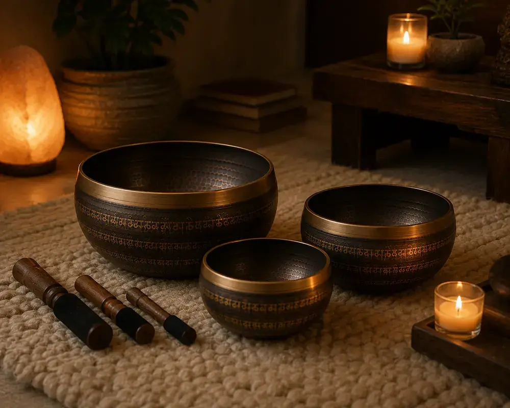Four engraved bronze singing bowls of different diameters arranged with their mallets in a warmly lit living room