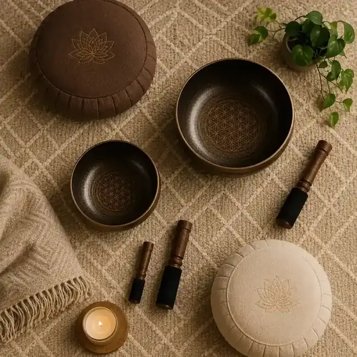 Overhead view of a home sound bath corner: a woven rug, two meditation cushions, three engraved bronze bowls and their mallets