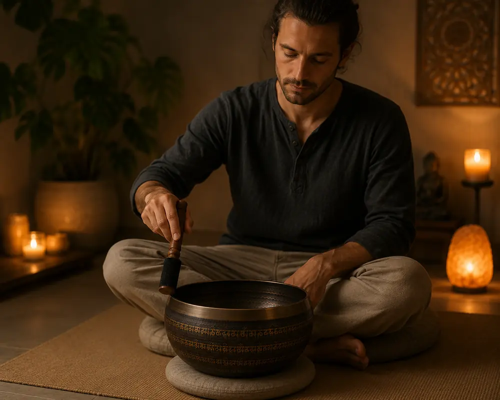 A man sitting cross-legged on a rug, playing an engraved bronze singing bowl with his eyes lowered