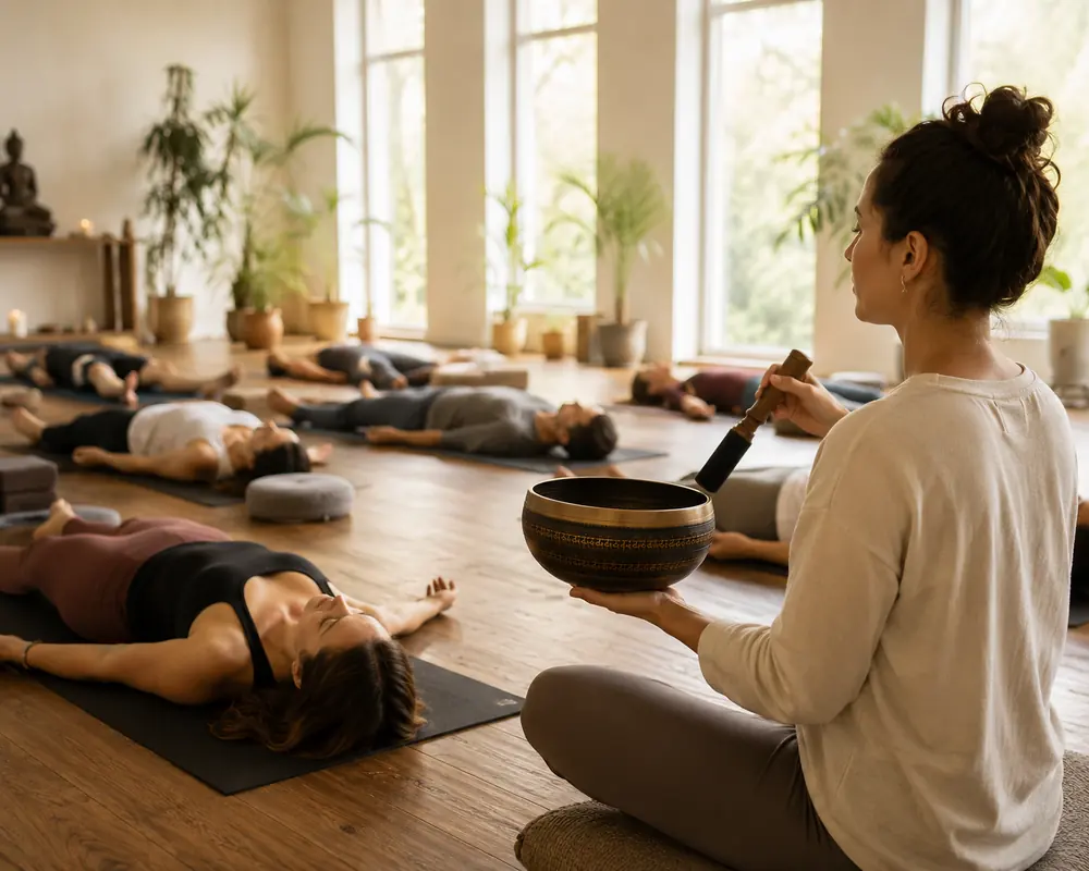 A practitioner sitting cross-legged playing a singing bowl while several people lie on mats in a bright studio